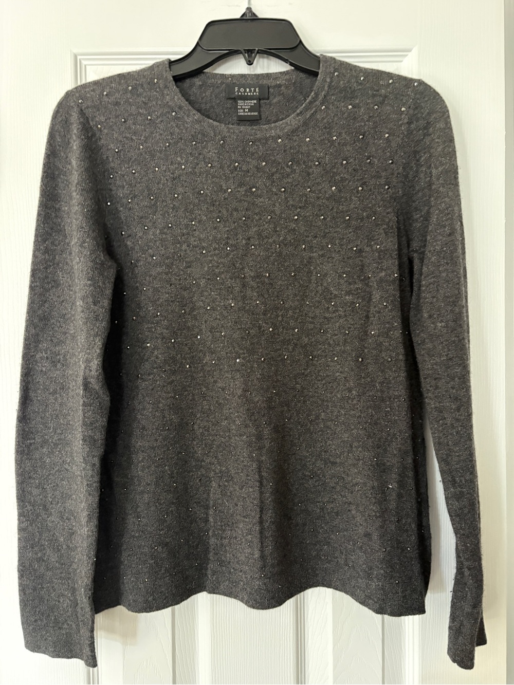 Forte Cashmere Women's Charcoal Crewneck Sweater with Subtle Bead Detail